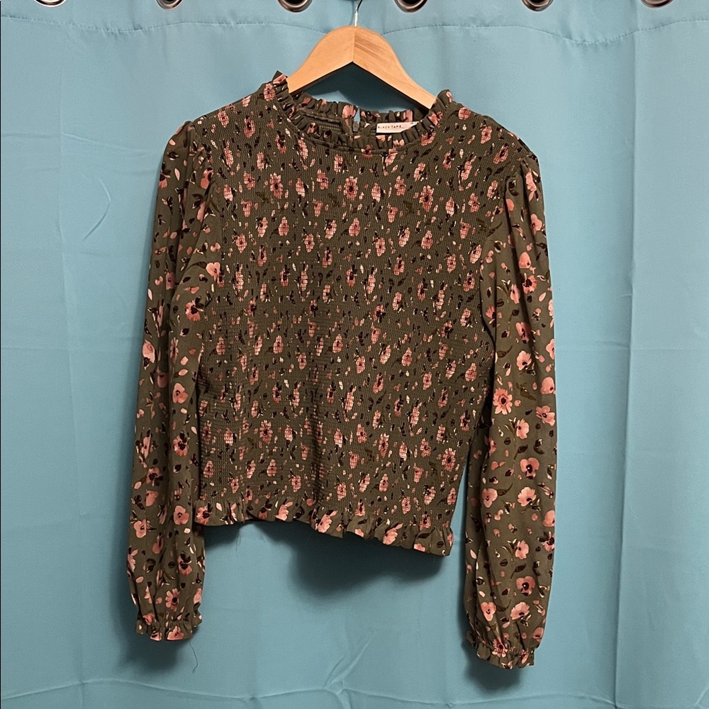 Black Tape Olive Floral Smocked Blouse